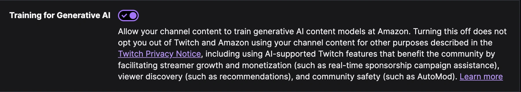 The 'Training for Generative AI' setting on Twitch's Security and Privacy page, switched on.